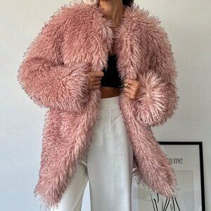 Pink Casual Women's Fluffy Coat